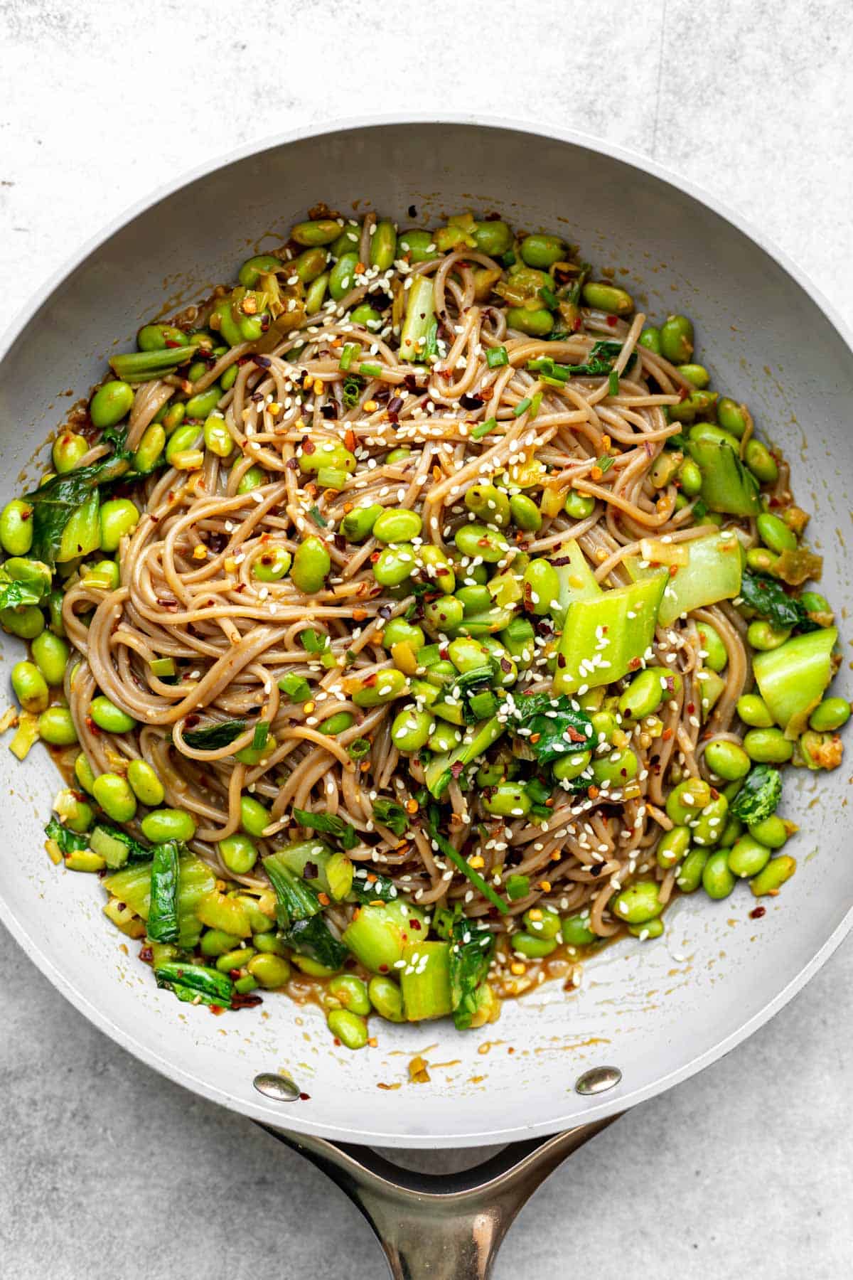 miso noodles in pan after cooking
