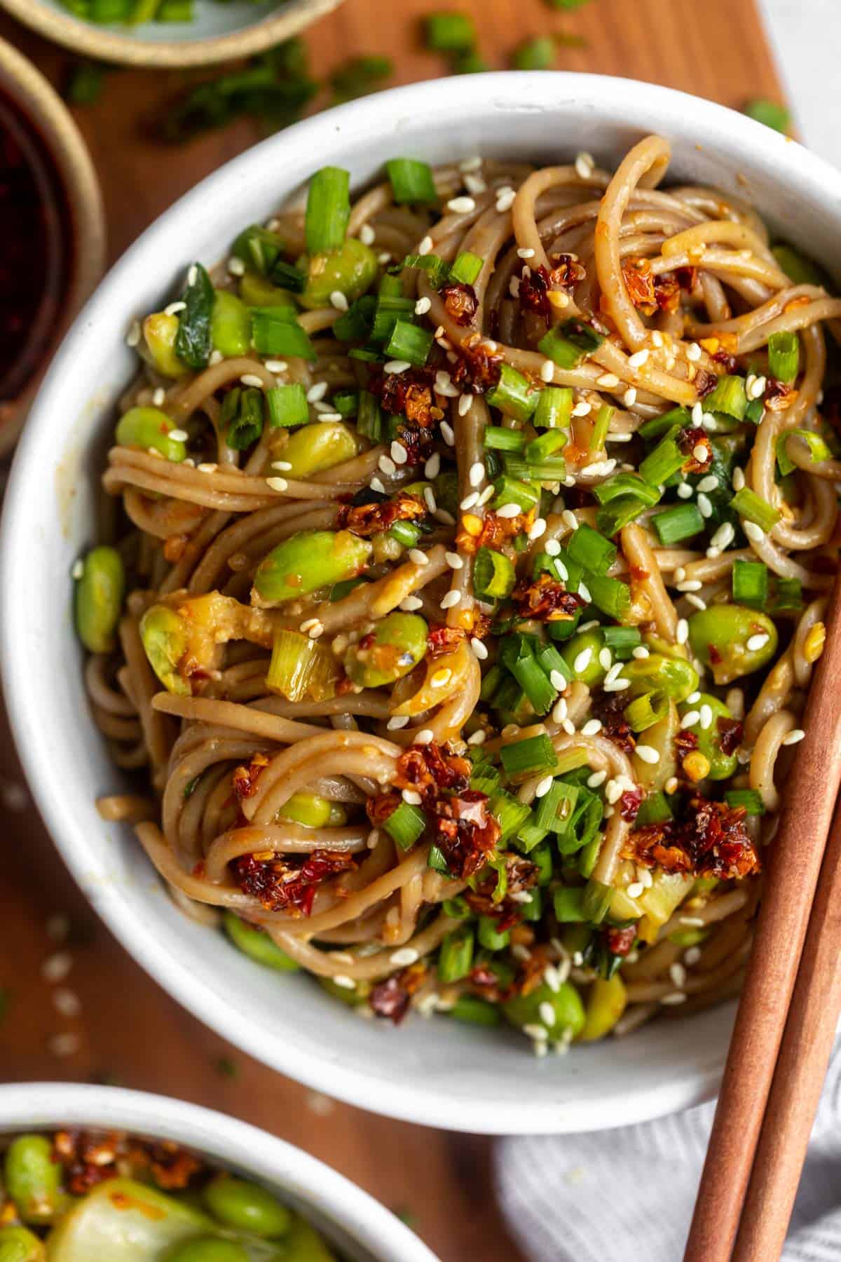 up close image of the miso noodles in a bowl with chives on top