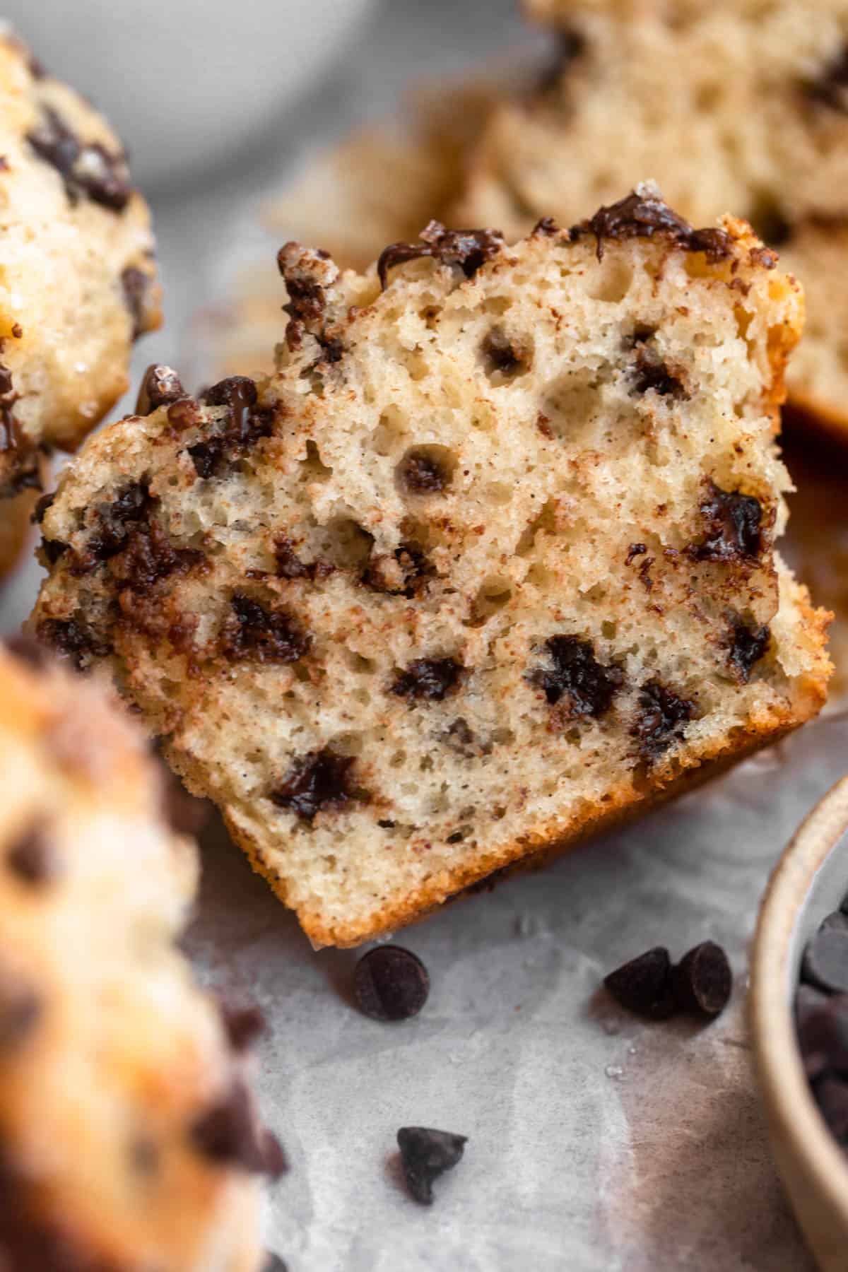 greek yogurt muffin cut in half to show fluffy texture