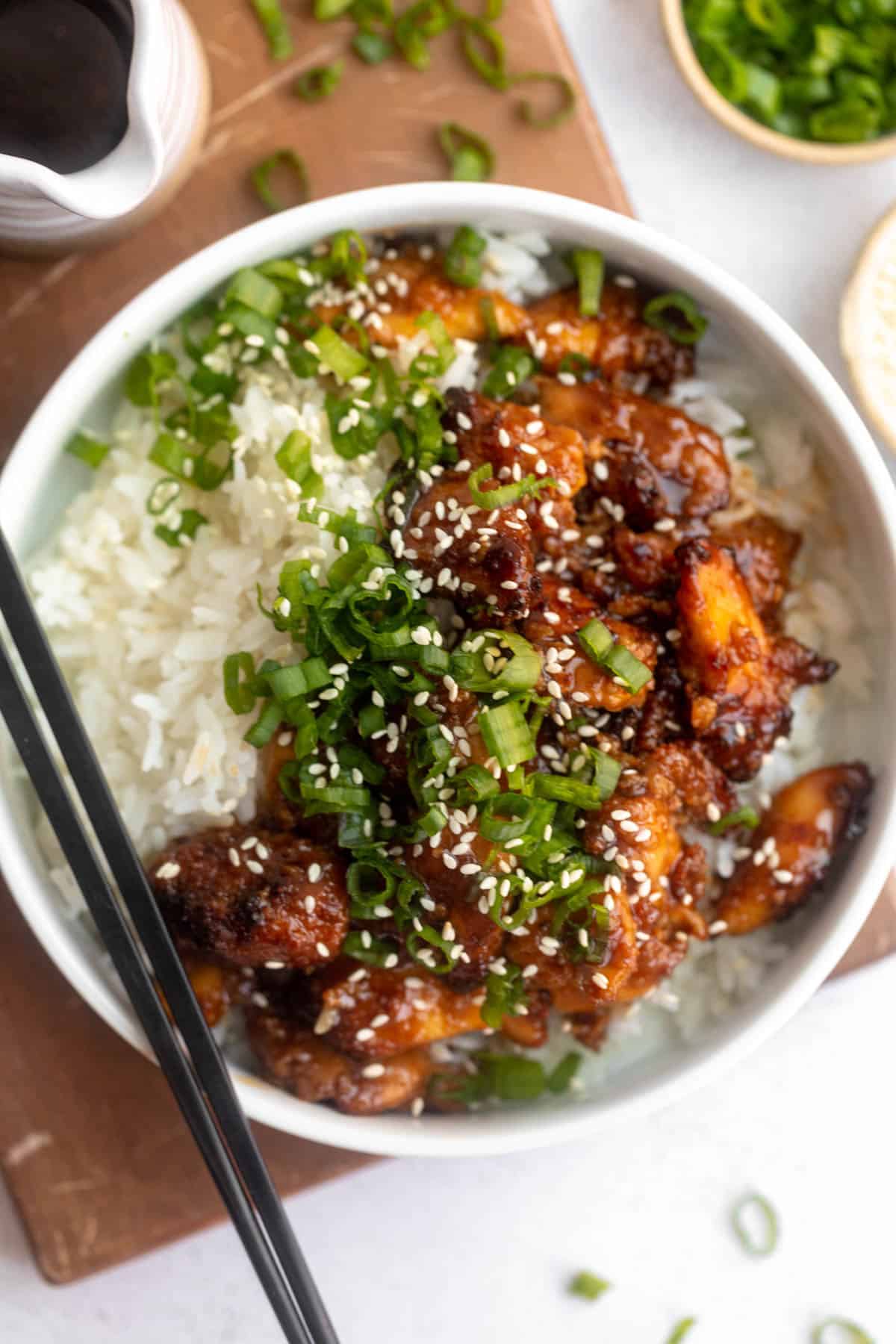air fryer teriyaki chicken with jasmine rice and green onion
