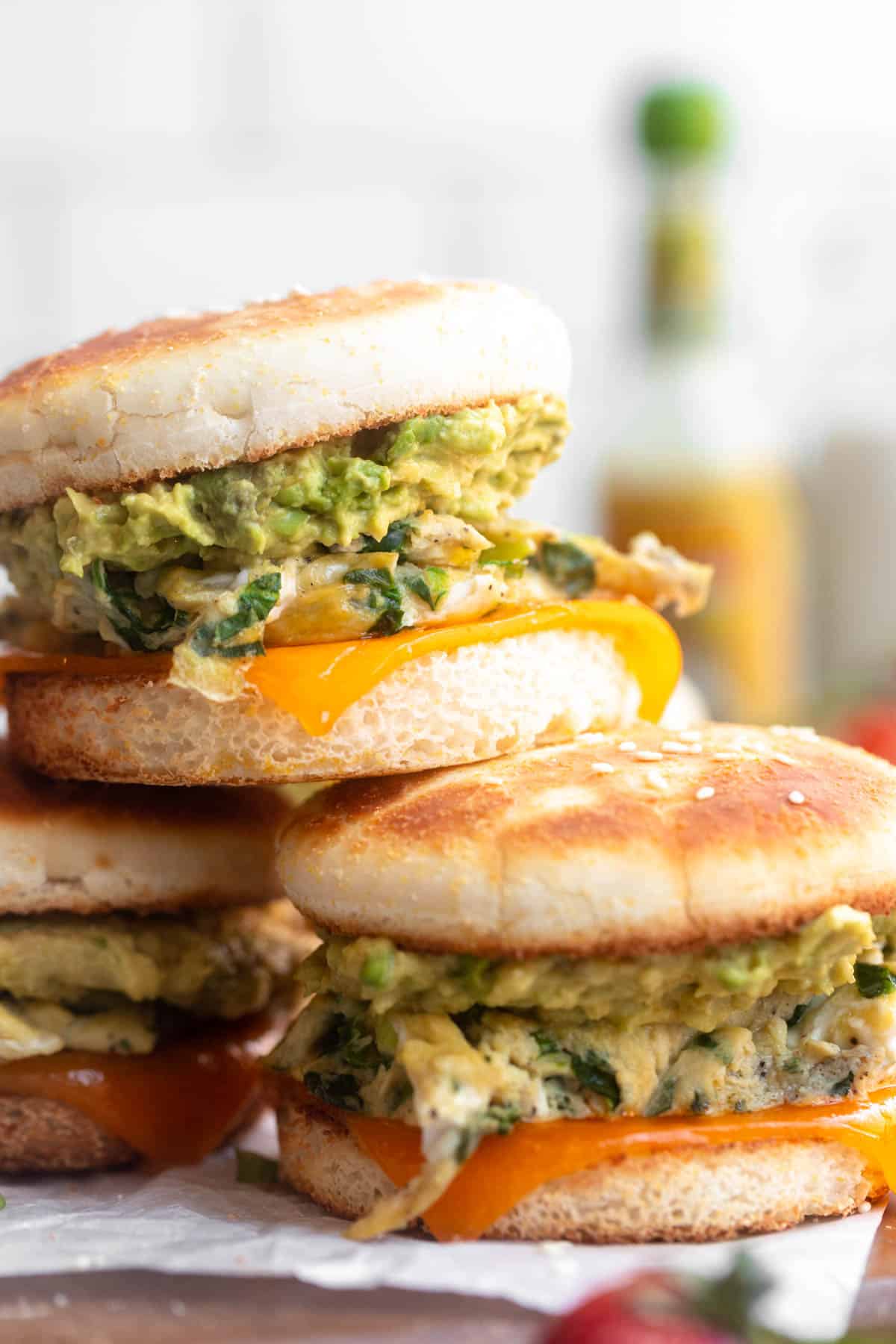 gluten free breakfast sandwich with cheese, egg and avocado