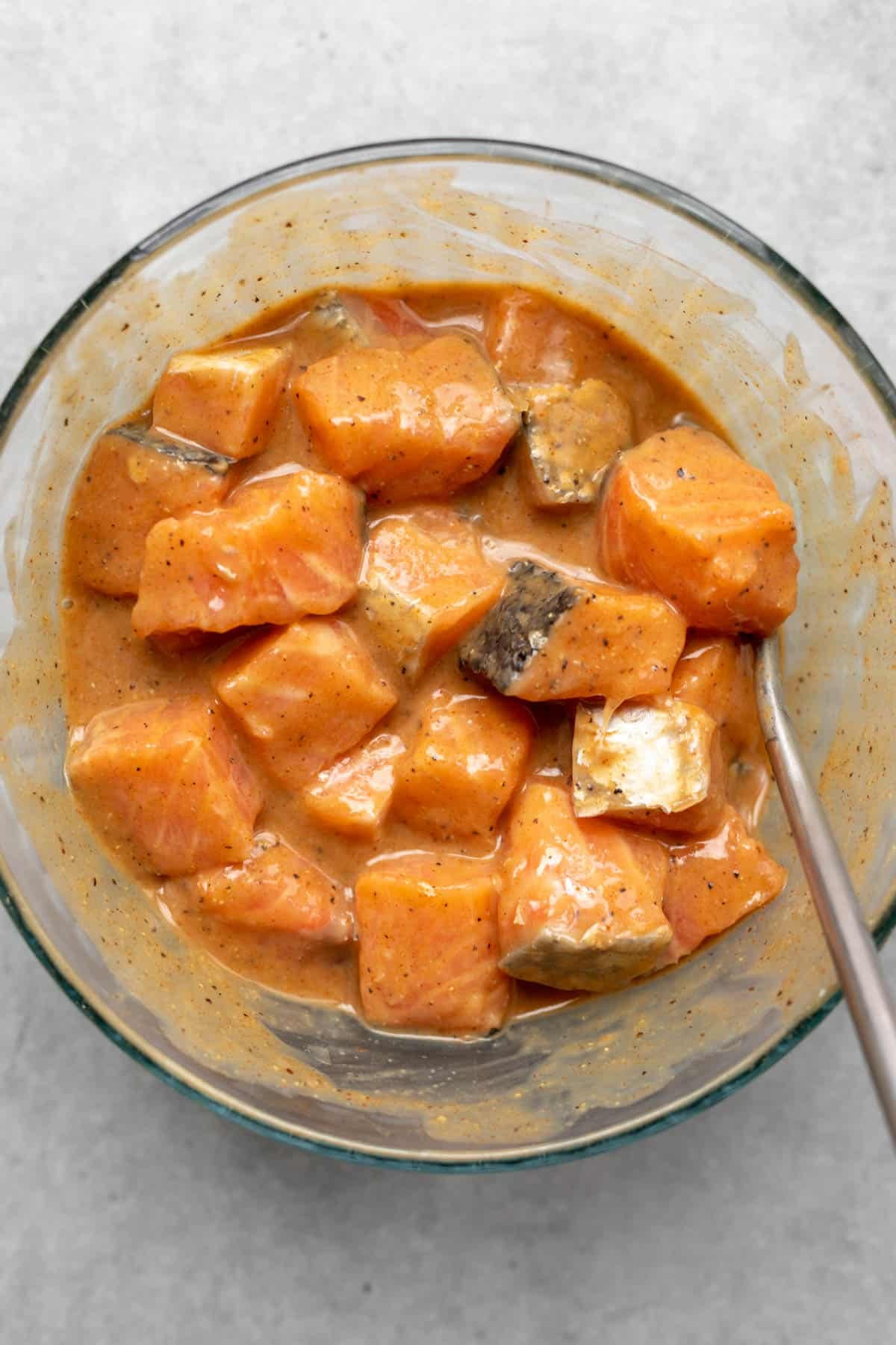 salmon marinating in the sauce