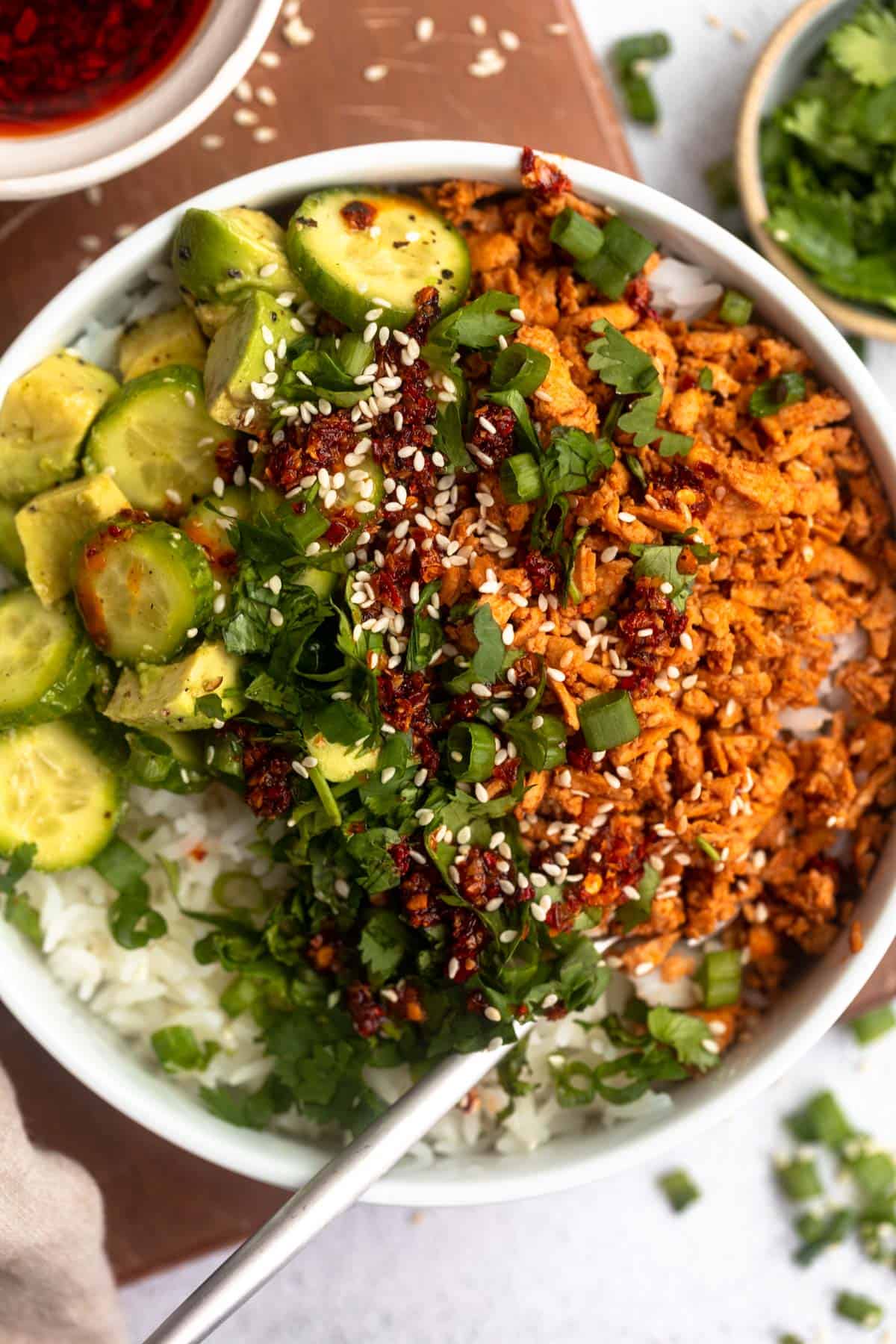tofu crumble bowl with cucumber and rice