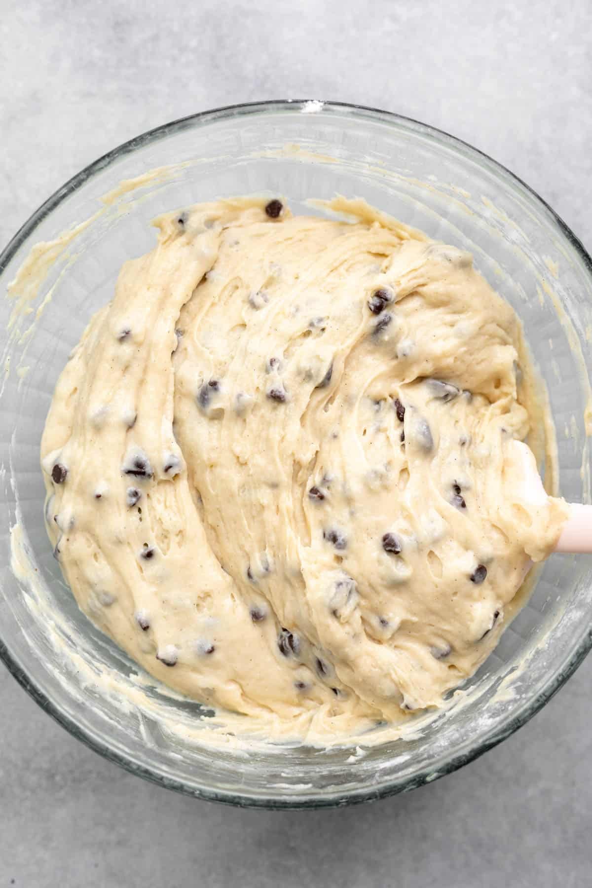batter in bowl with chocolate chips
