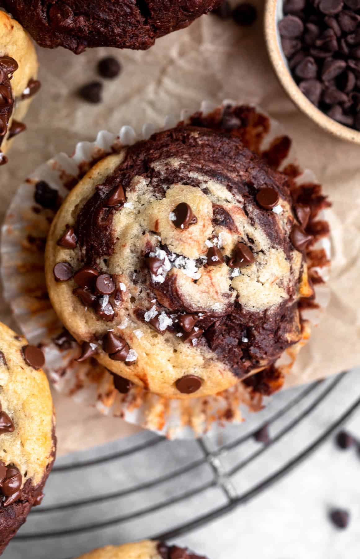 overhead shot of the gluten free marble muffins to show swirls of chocolate