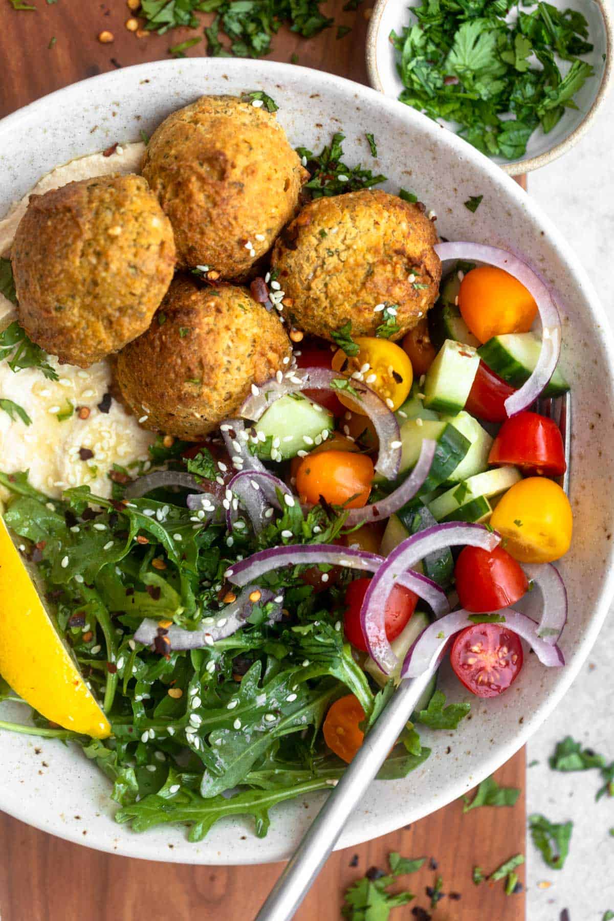 air fryer gluten free falafel with arugula on the side