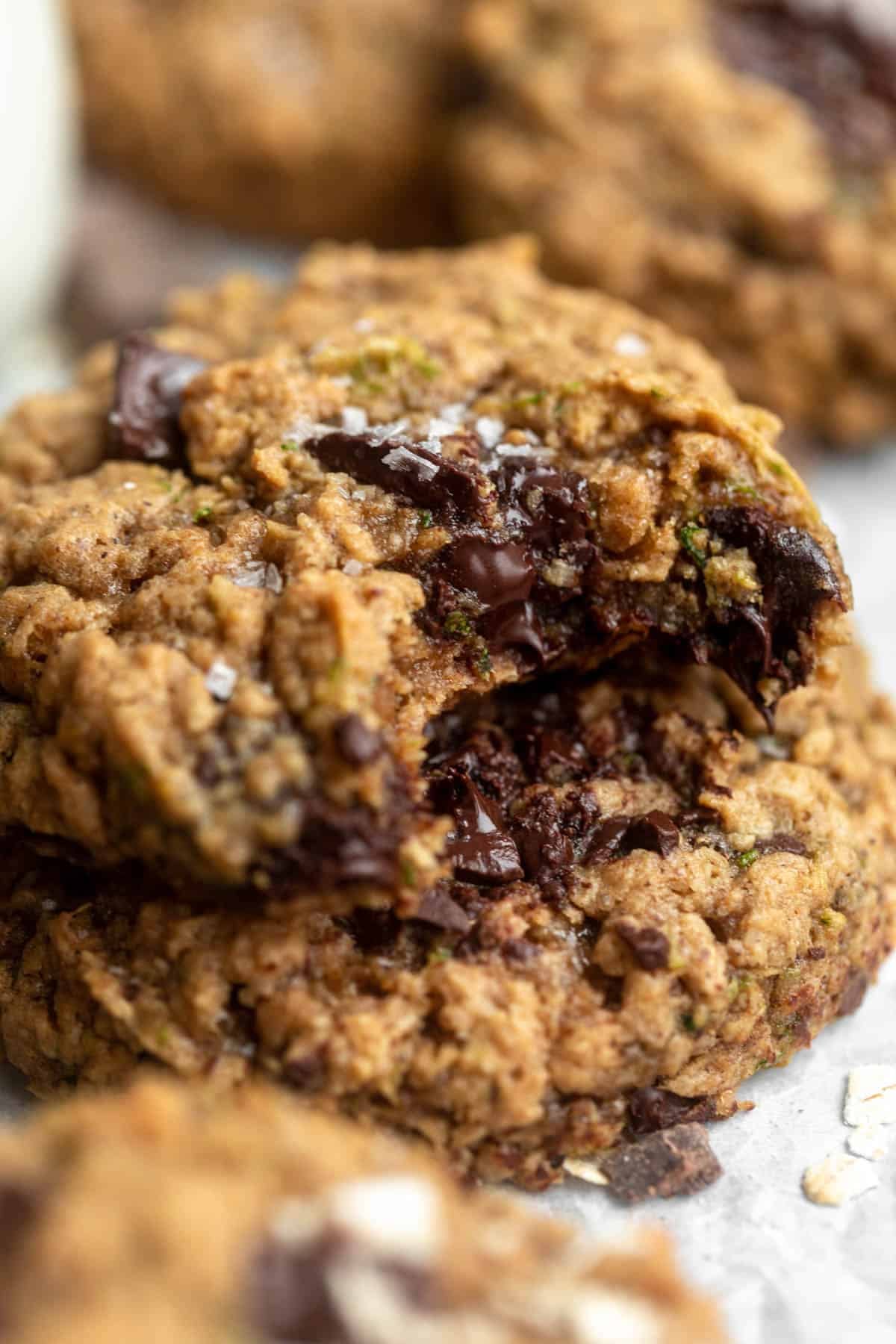 two zucchini cookies stacked on each other to show texture