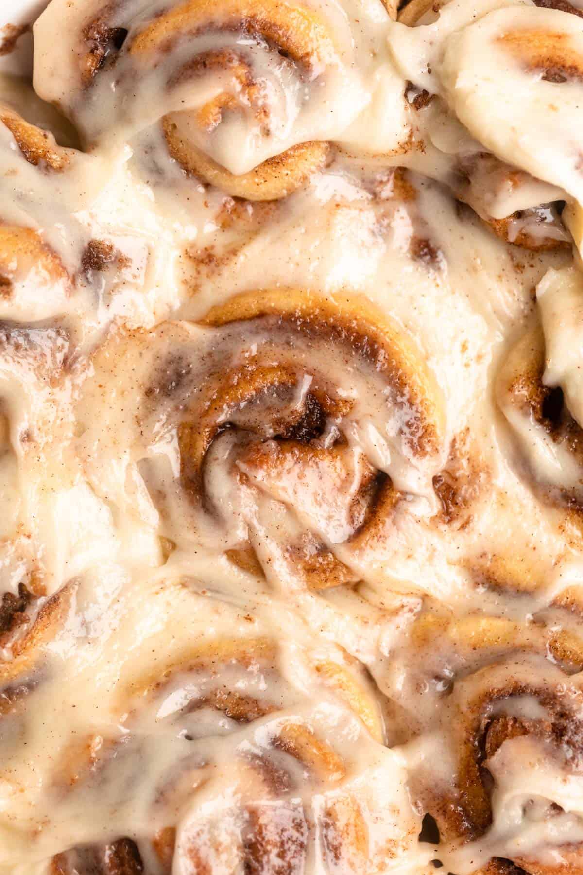 overhead shot of the brown butter cinnamon rolls with cream cheese frosting