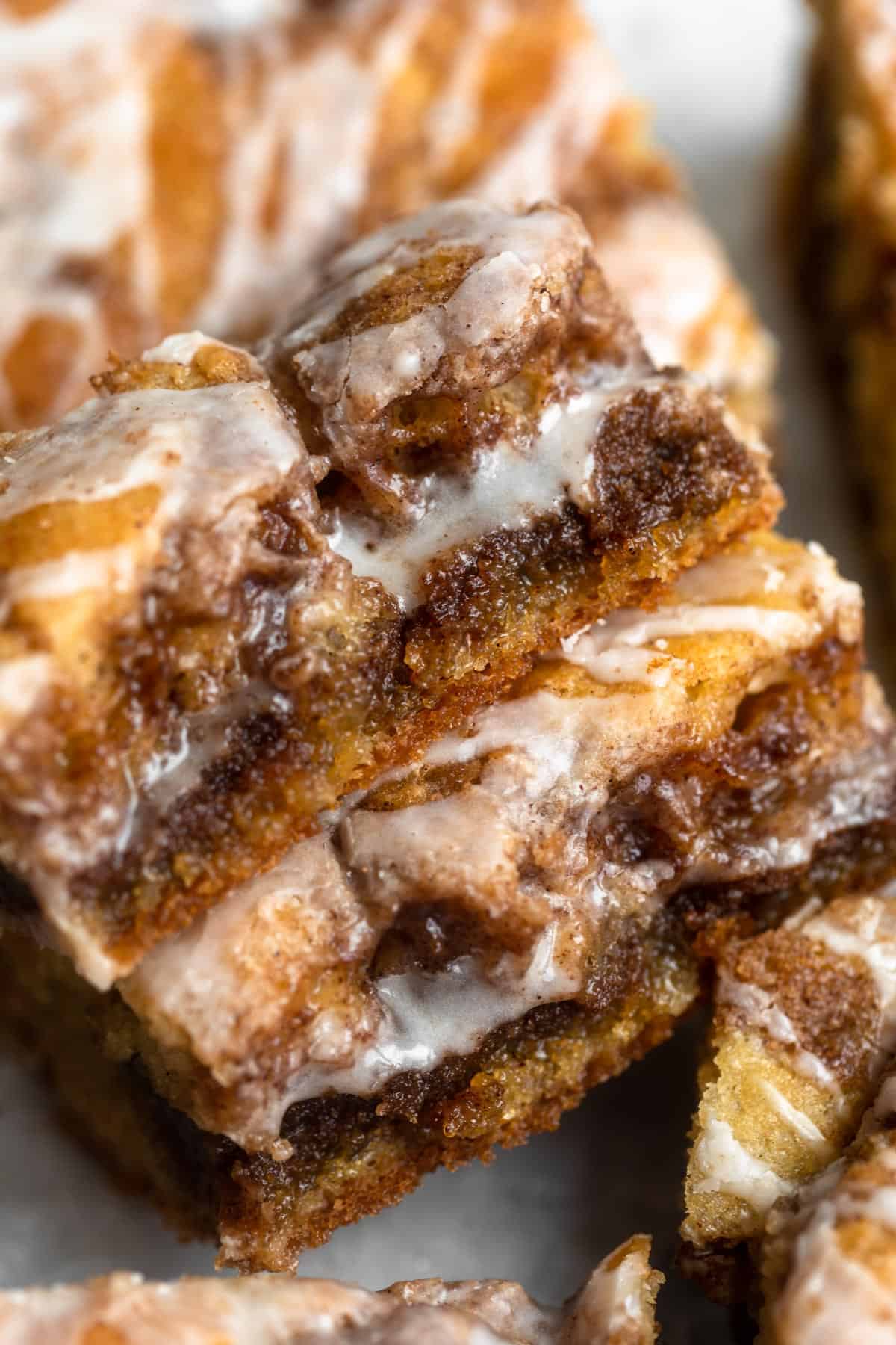 gluten free cinnamon roll cake ripped in half to show texture