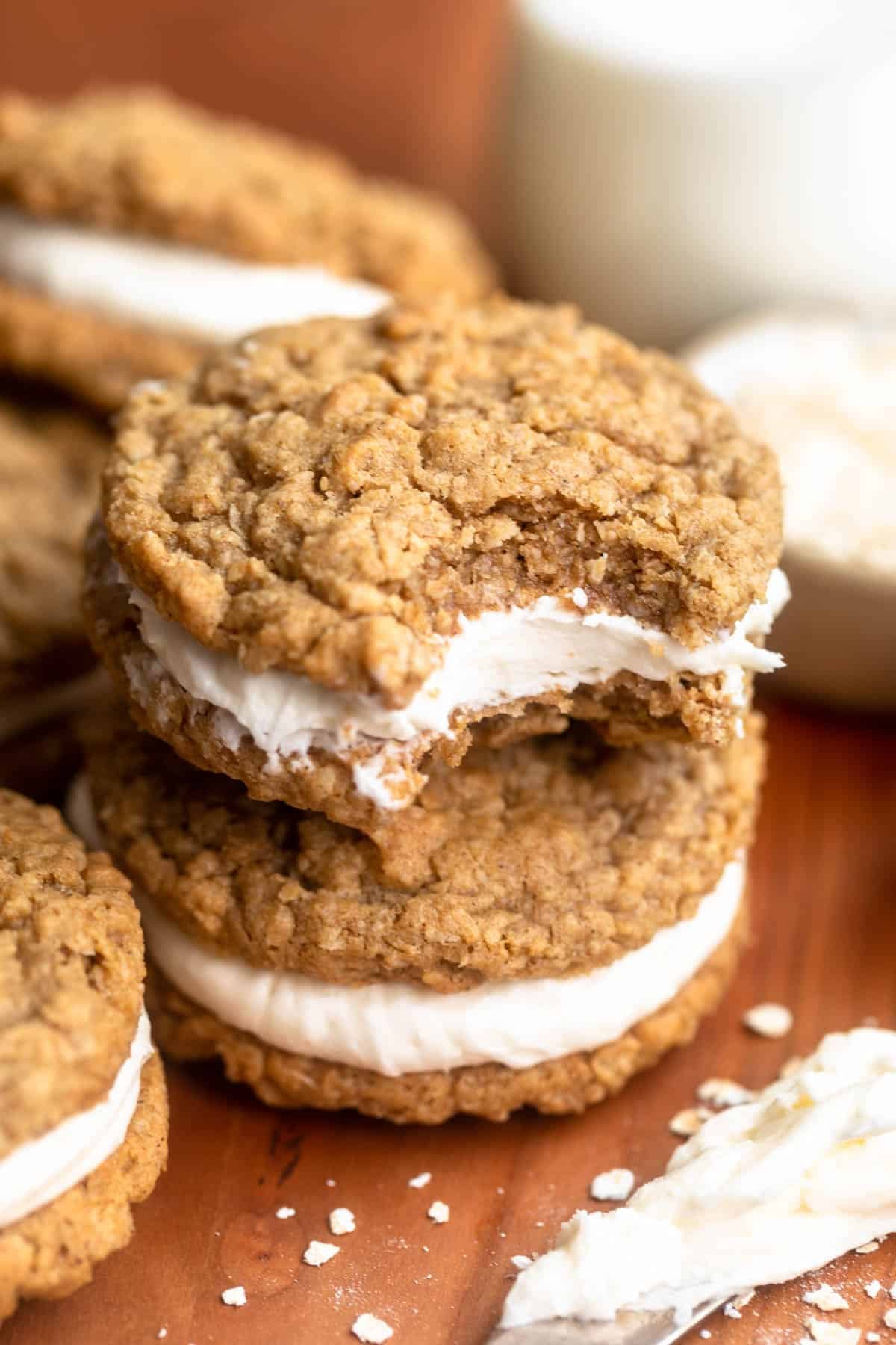 bite taken out of the gluten free oatmeal cream pie to show texture
