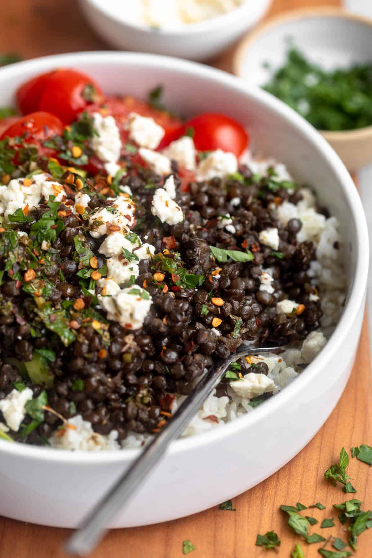 angled view of the lentil bowls with veggies and rice