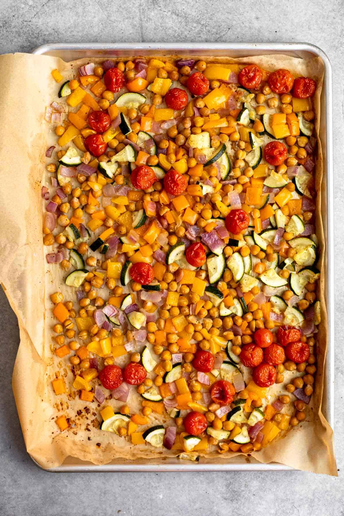 veggies on the baking sheet after cooking