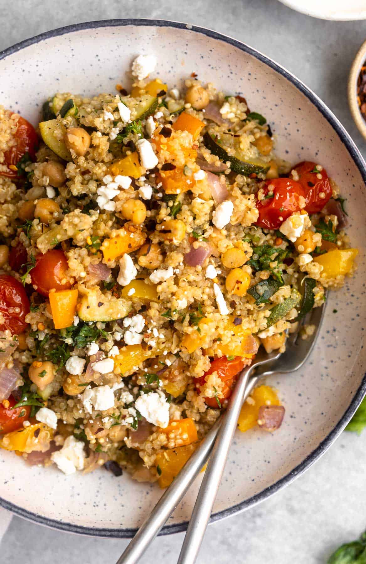 overhead shot of the roasted vegetable quinoa salad with feta