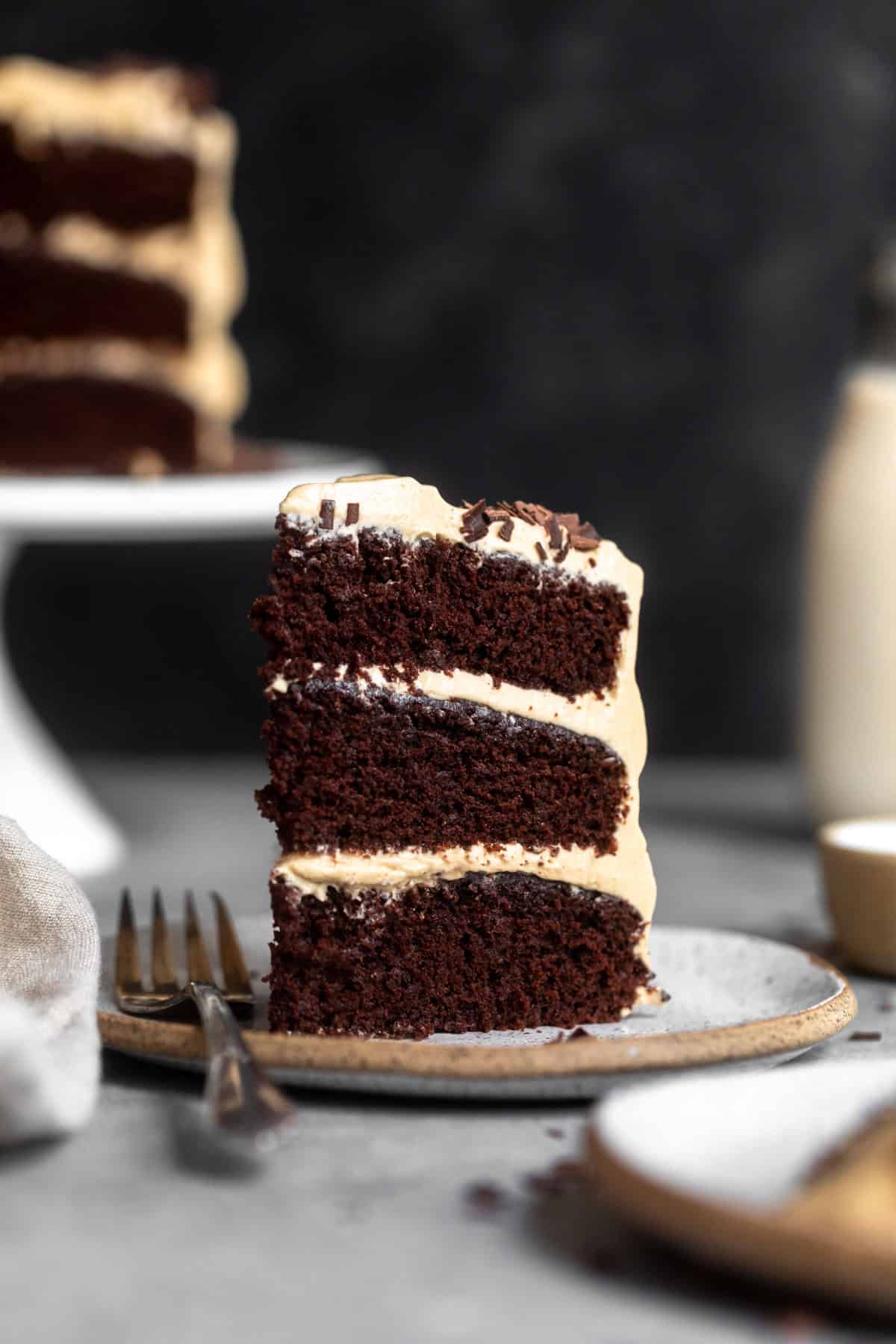 chocolate espresso cake on a plate with a fork on the side