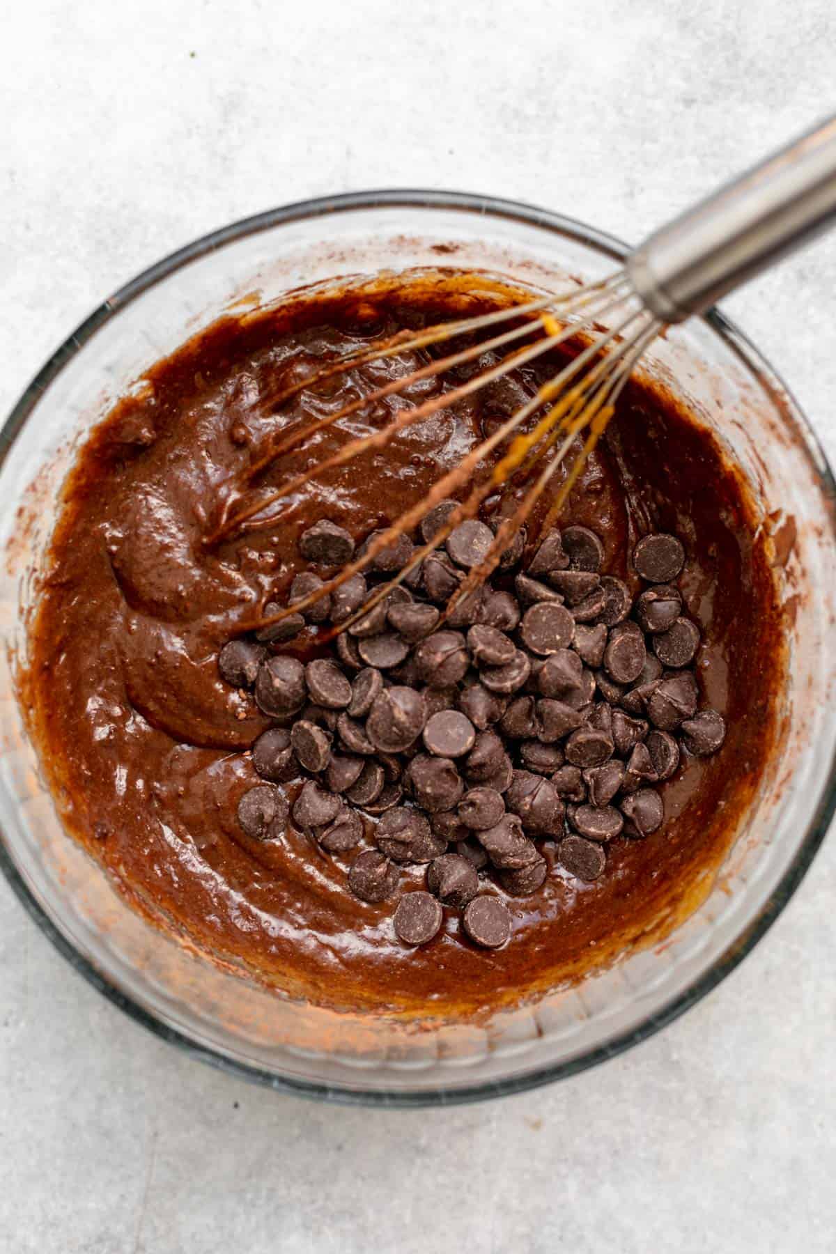 chocolate batter in a bowl with a whisk