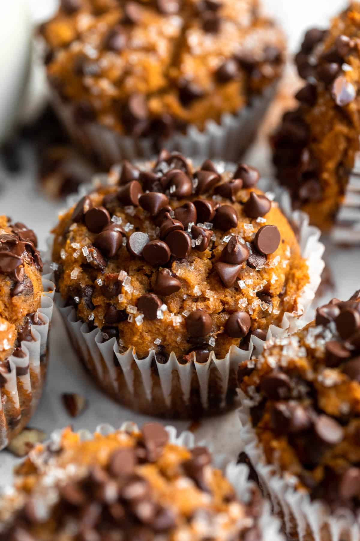 angled view of the protein pumpkin muffins with chocolate chips