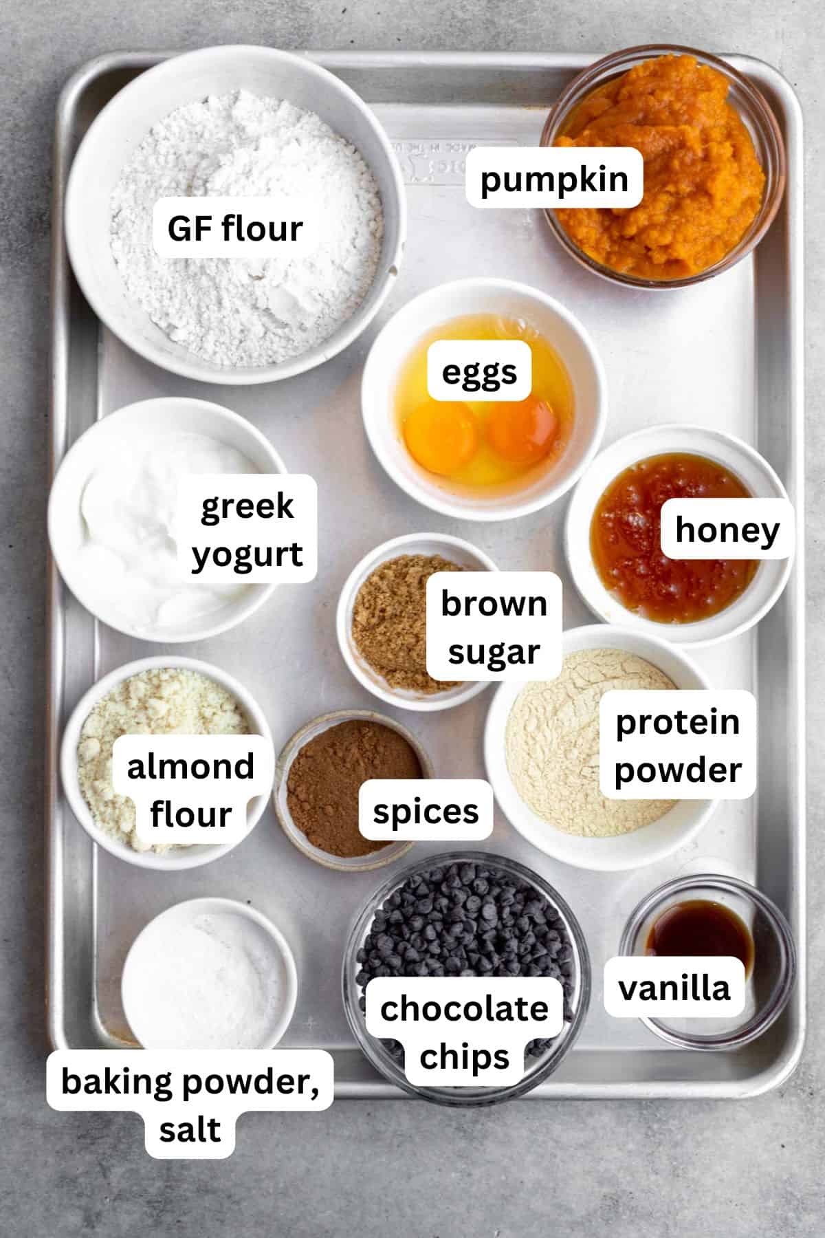 ingredients for the recipe in bowls with labels